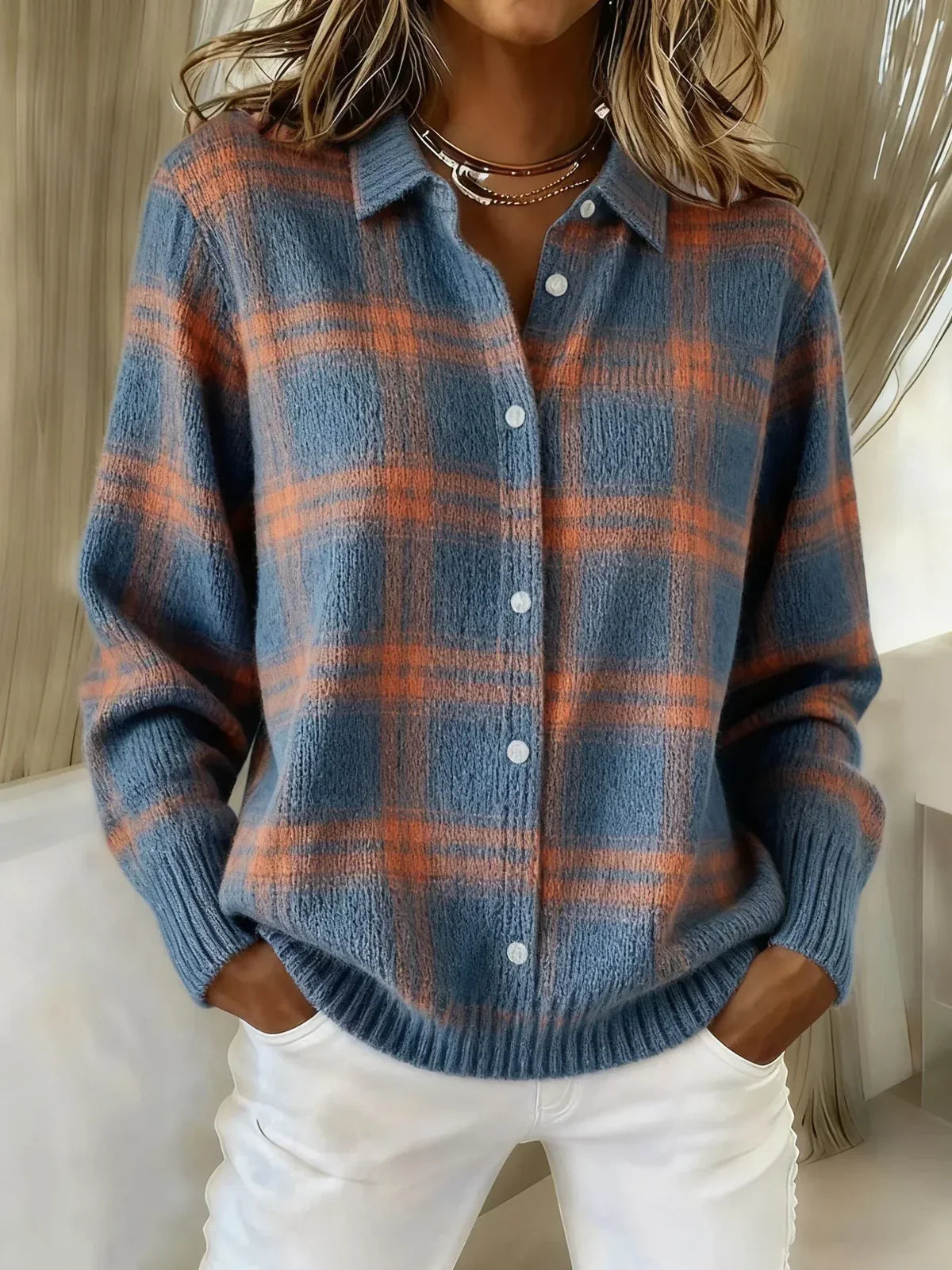 Damen Strickjacke kariert lose weiche warme Knopfleiste für eine bequeme Passform