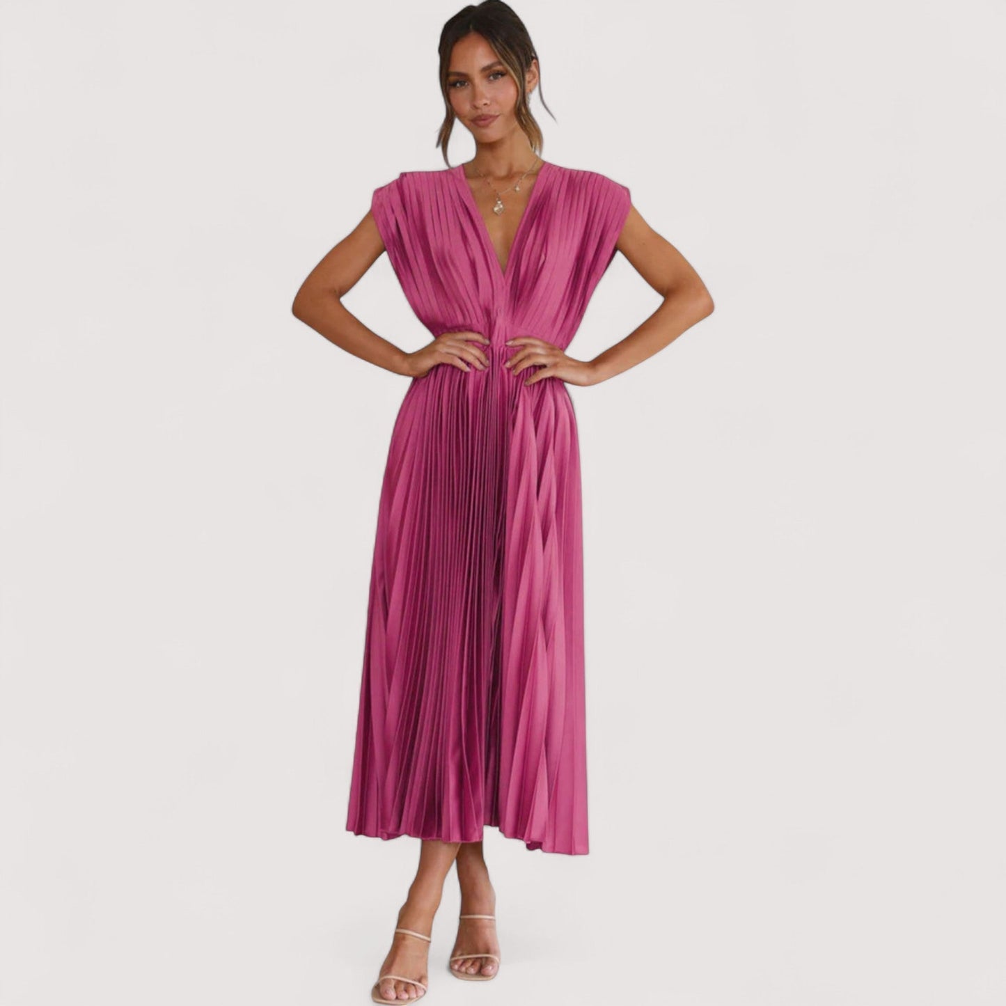 Damen Plisseekleid verstellbare Taille Kordelzug locker Passform elegant fließend