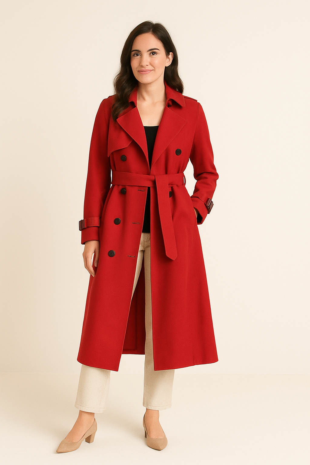 WILHELM | Eleganter Damen Trenchcoat lang mit Bindegürtel und Knopfleiste