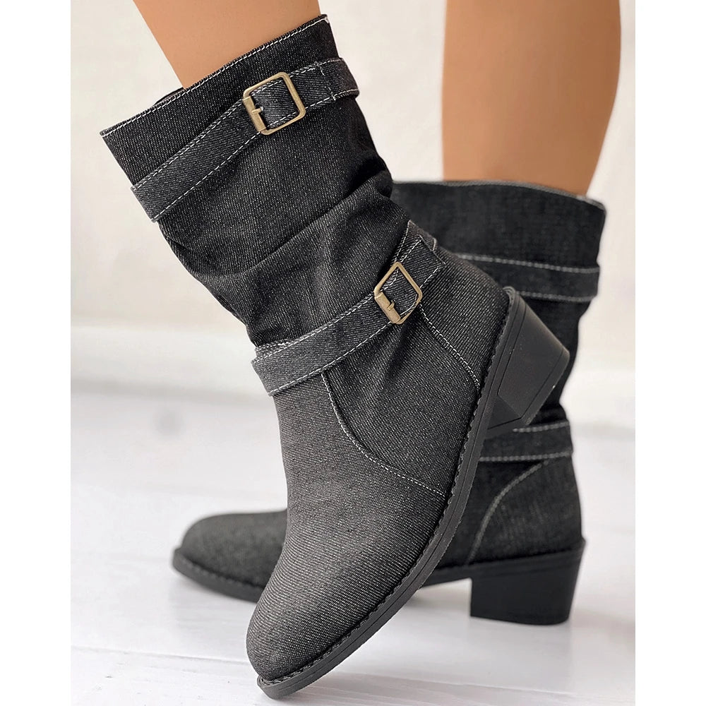 Damen Denim Schnalle Blockabsatz Mandel Stiefeletten geformt bequem