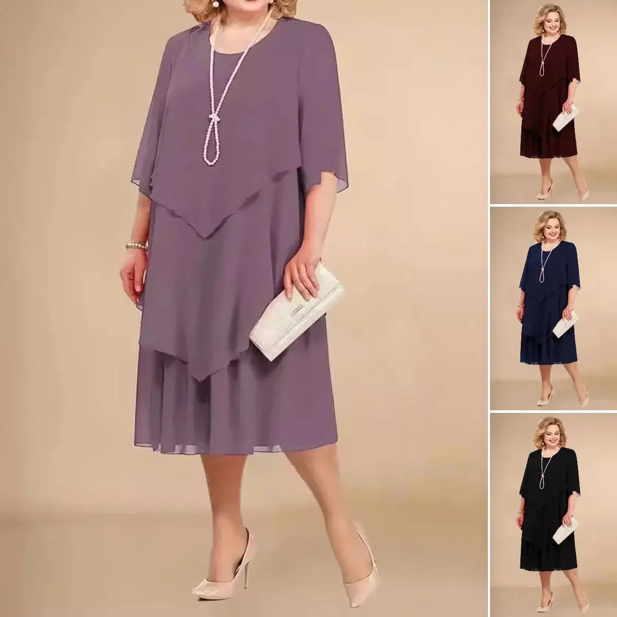 Damen Midikleid asymmetrisch locker Rundhalsausschnitt Kurzarm fließende Passform
