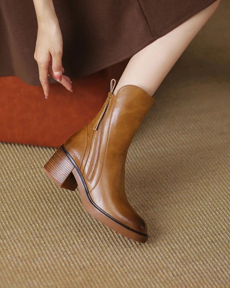 Damen Lederstiefel quadratischer Absatz rutschfest bequem elegant vielseitig