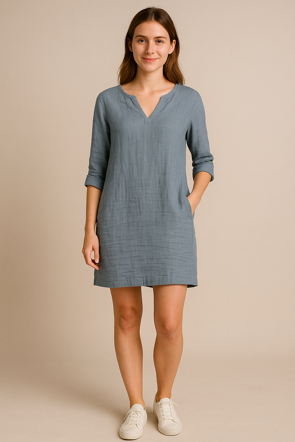 WILHELM | Damen Festliches Sommerkleid im Leinenstil mit V-Ausschnitt