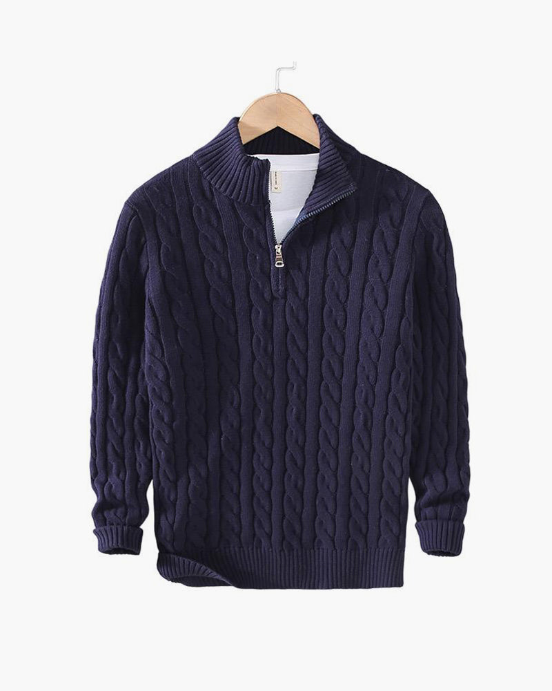Herren Zopfstrickpullover Stehkragen Reißverschluss Langarm Slim Fit