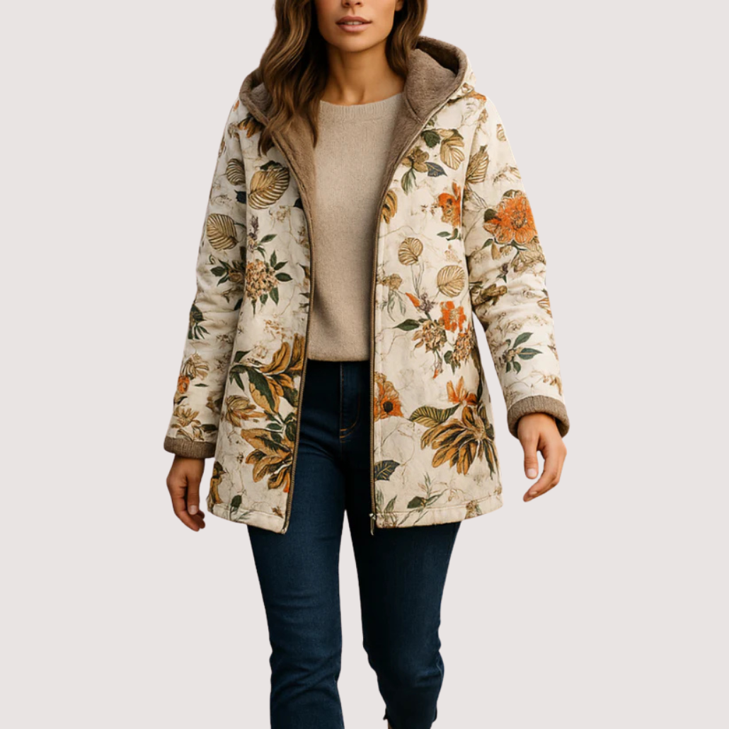Damen Winterjacke Blumenmuster Kapuze Reißverschluss Kunstfell Fleece gefüttert Regular Fit Übergangs Winterjacke