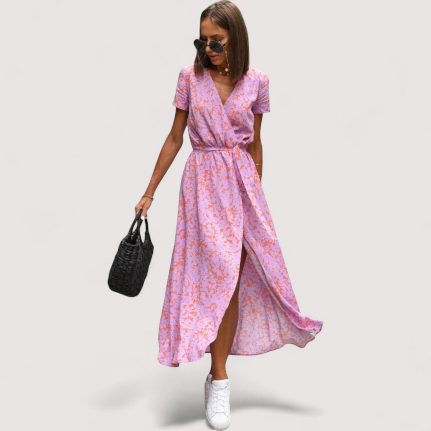 Damen Wickelkleid Blumenmuster kurzarm tailliert fließende Passform für Alltag und Abend