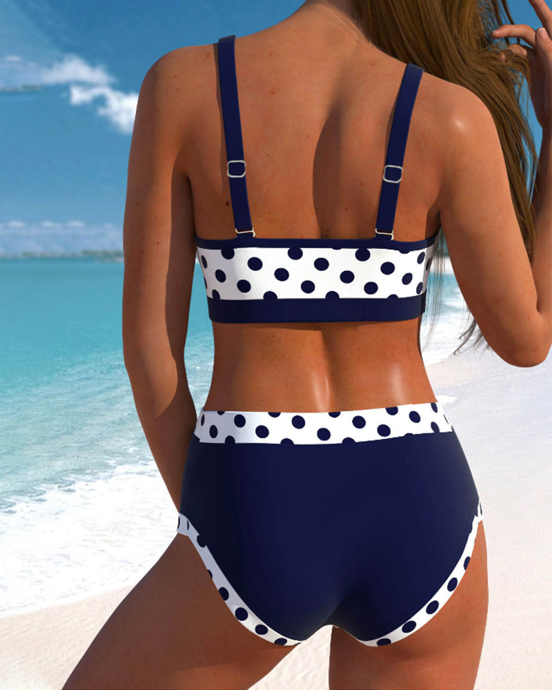 Damen Patchwork Bikini hoher Bund Erbsenprint zweiteilig verstellbare Träger für Strand Pool Urlaub