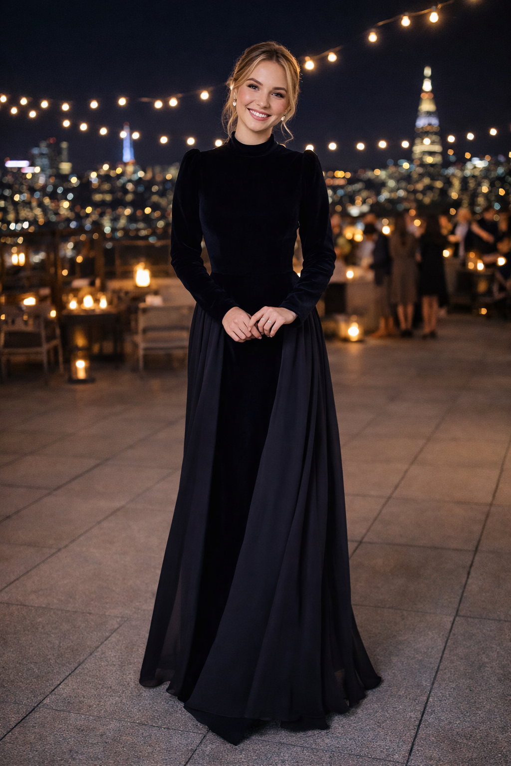 Damen Maxikleid hohe Taille A-Linie langarm Korsettrücken figurbetont elegant