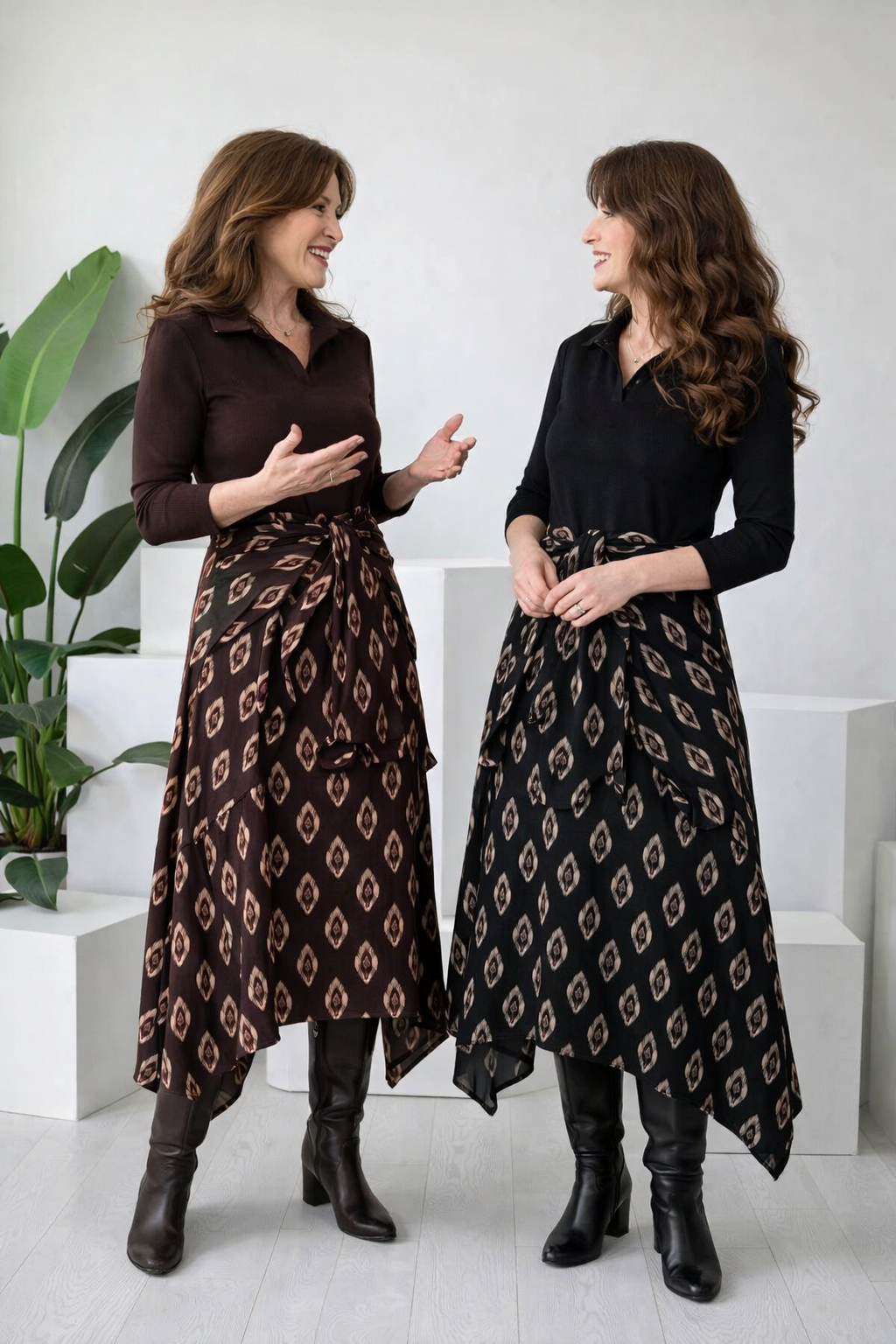 Damen Kleid zweifarbig Fit and Flare Kragen asymmetrischer Saum Bindegürtel elegant