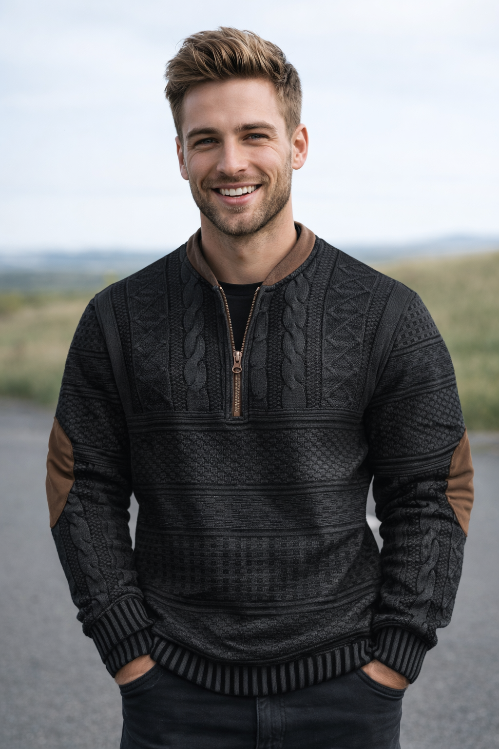 Herren Strickpullover Halber Reißverschluss Langarm bequem vielseitig