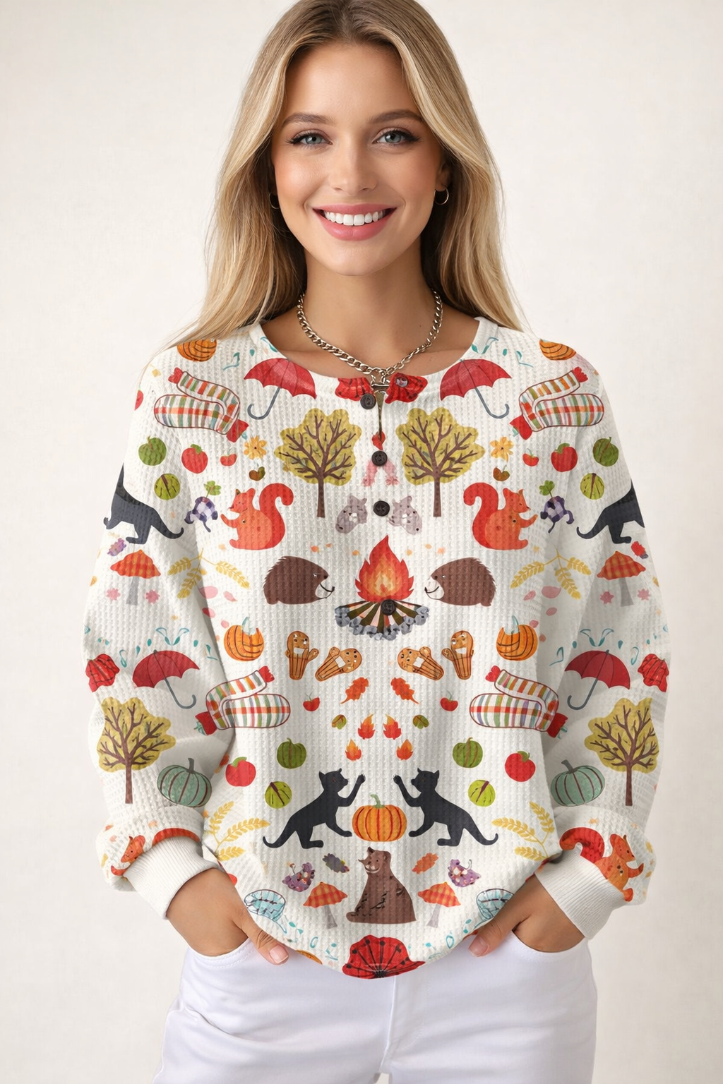 Damen Pullover Waffelstrick Langarm warme lockere bequeme weiche Passform