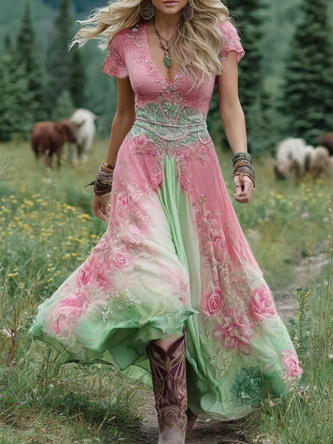 Marcina Elegantes Maxikleid Mit Floralen Farbtönen