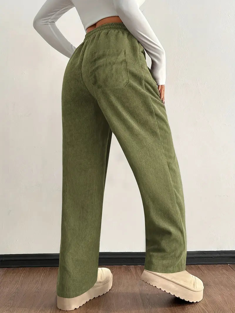 Damen Hose Wide Leg Regular Fit Cord Rippstruktur High Waist Kordelzug Elastisch Casual Atmungsaktiv Alltag