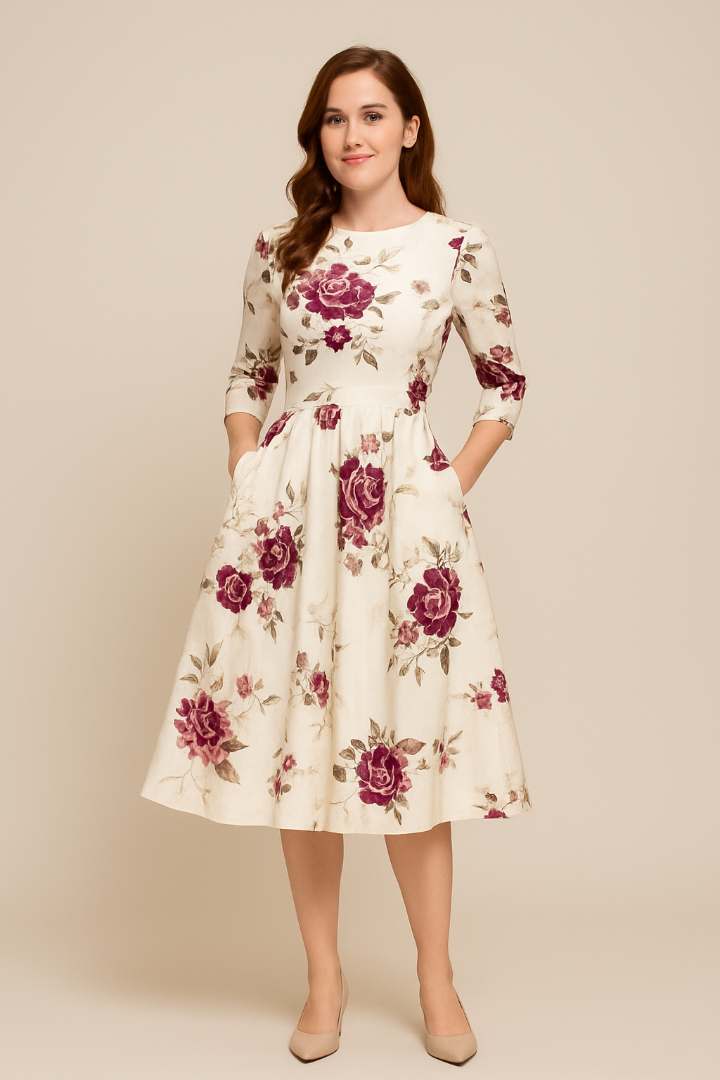 WILHELM | Damen Florales Sommerkleid mit A-Linie und 3/4-Ärmeln luftig & leicht