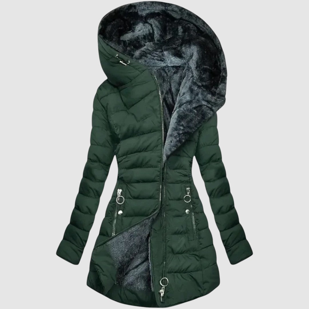 Damen Jacke Kunstfell Langarm Kapuze Steppdesign Regular Fit Winter Freizeit Elegant
