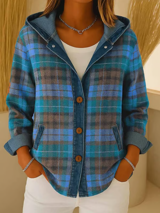 Unisex Karojacke Kapuze Knopfverschluss Karomuster Lässige Layering-Jacke