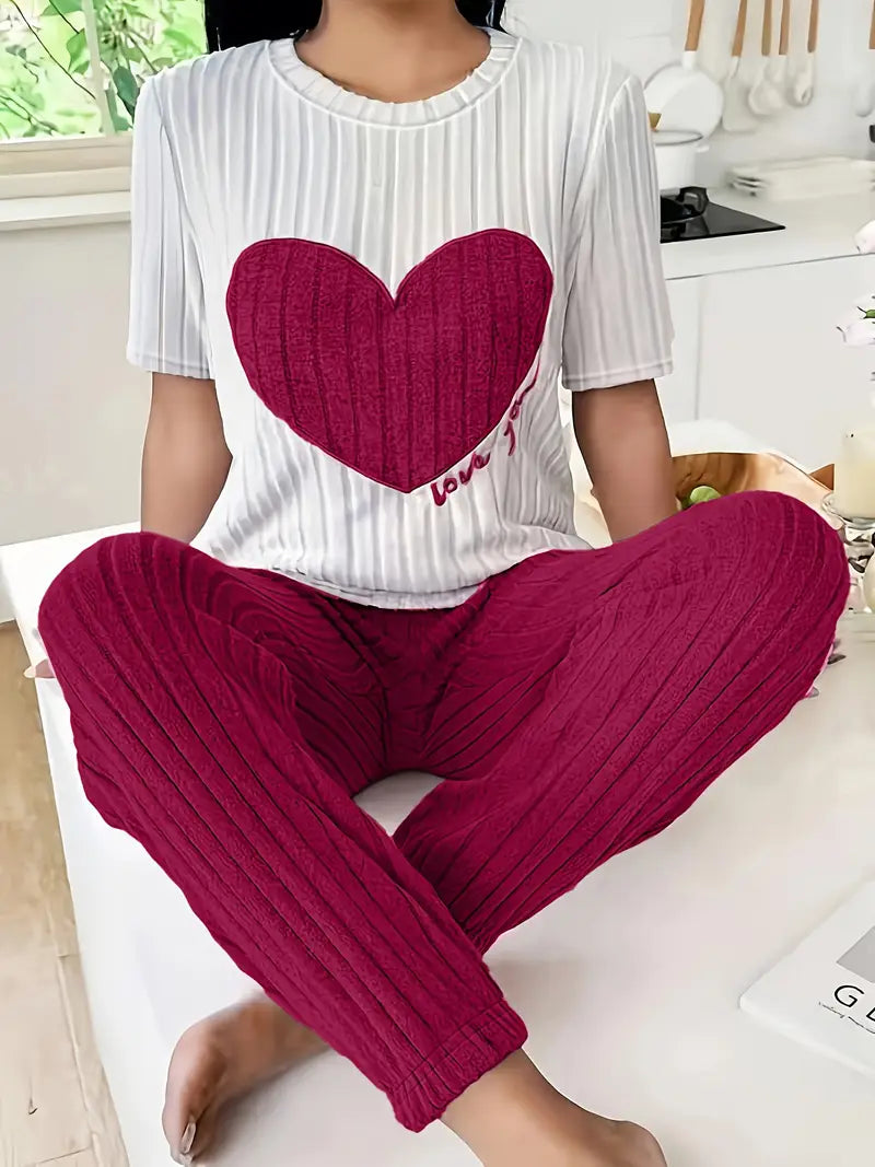 Damen Zweiteiler Regular Fit Ripp-Pyjama Set Kurzarm Oberteil mit Herzmotiv Hose Elastischer Bund Lounge Set 2-teilig