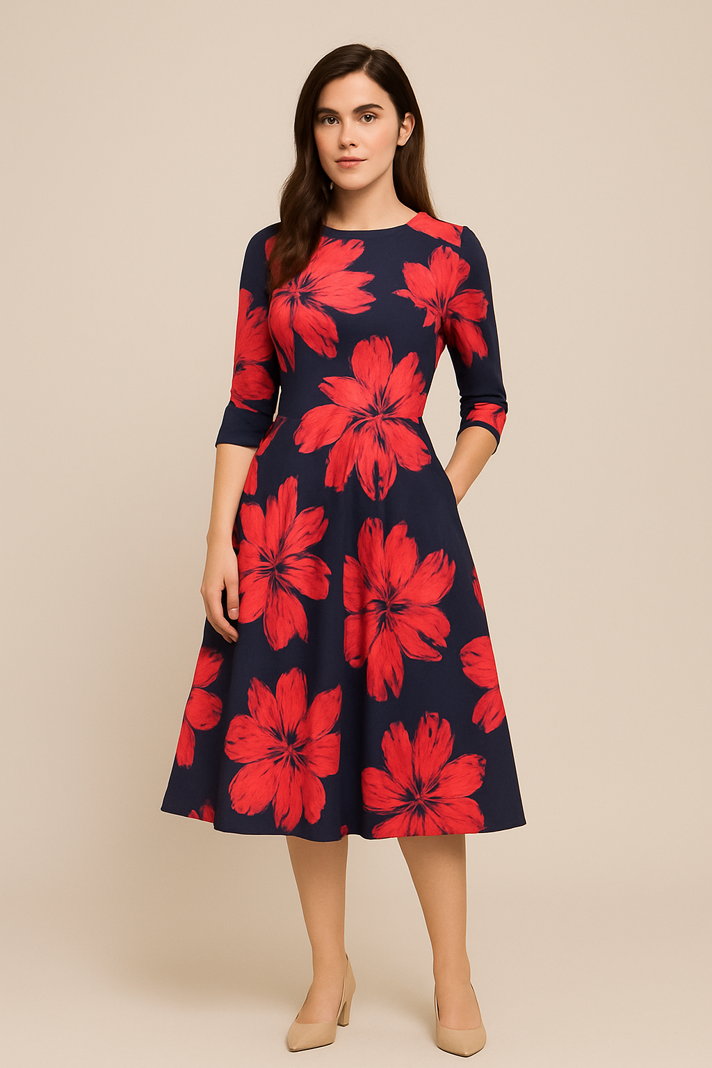 WILHELM | Damen Florales Sommerkleid mit A-Linie und 3/4-Ärmeln luftig & leicht