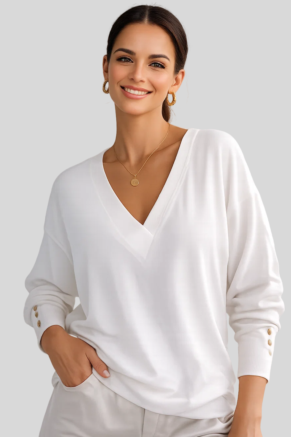Damen Langarm Top V-Ausschnitt Knöpfe elegante bequeme leichte Passform