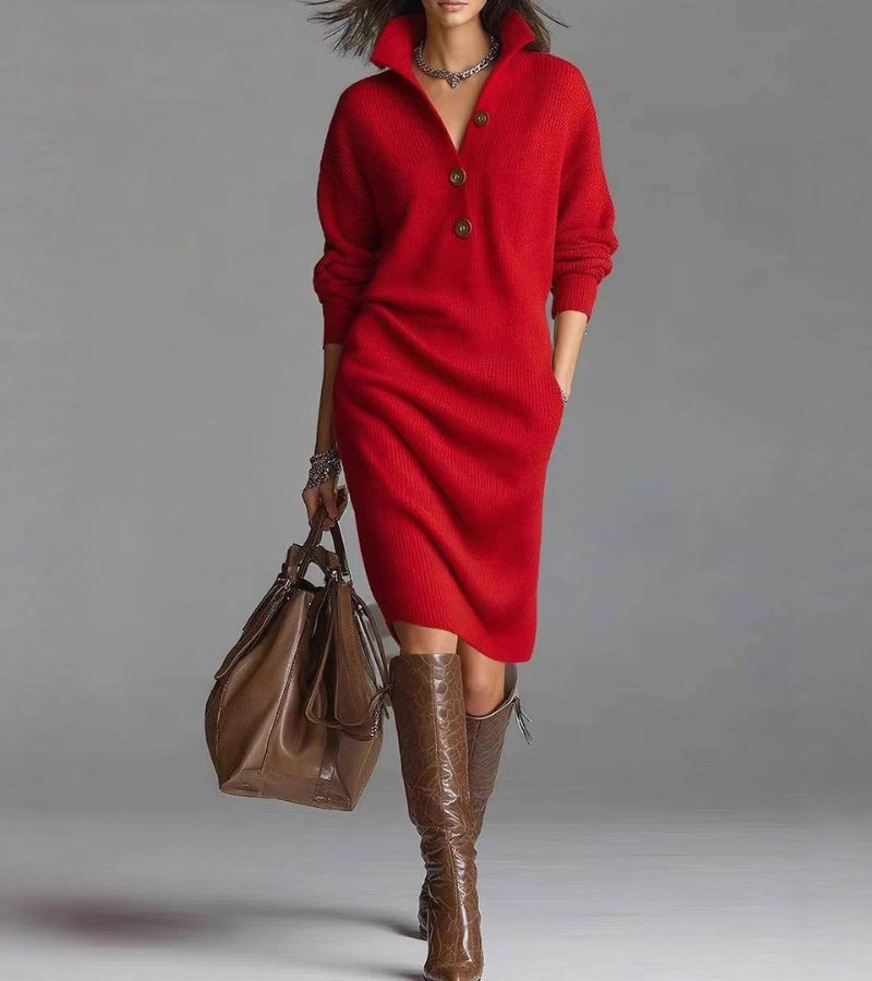 Damen Strickkleid hoher Kragen Knöpfe langarm locker Passform Taschen warm