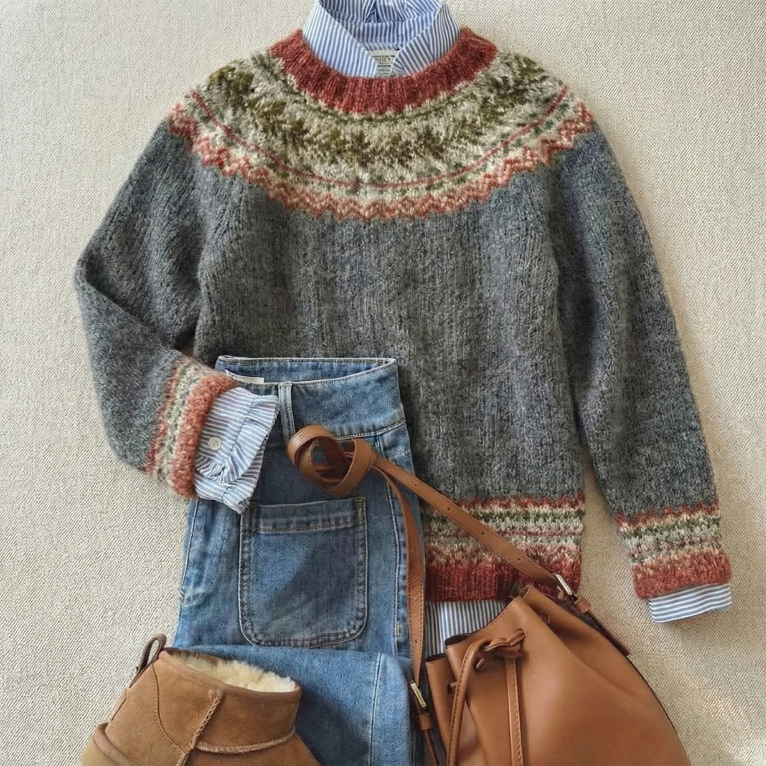 Damen Strickpullover nordisches Muster locker geschnitten warm bequem langarm