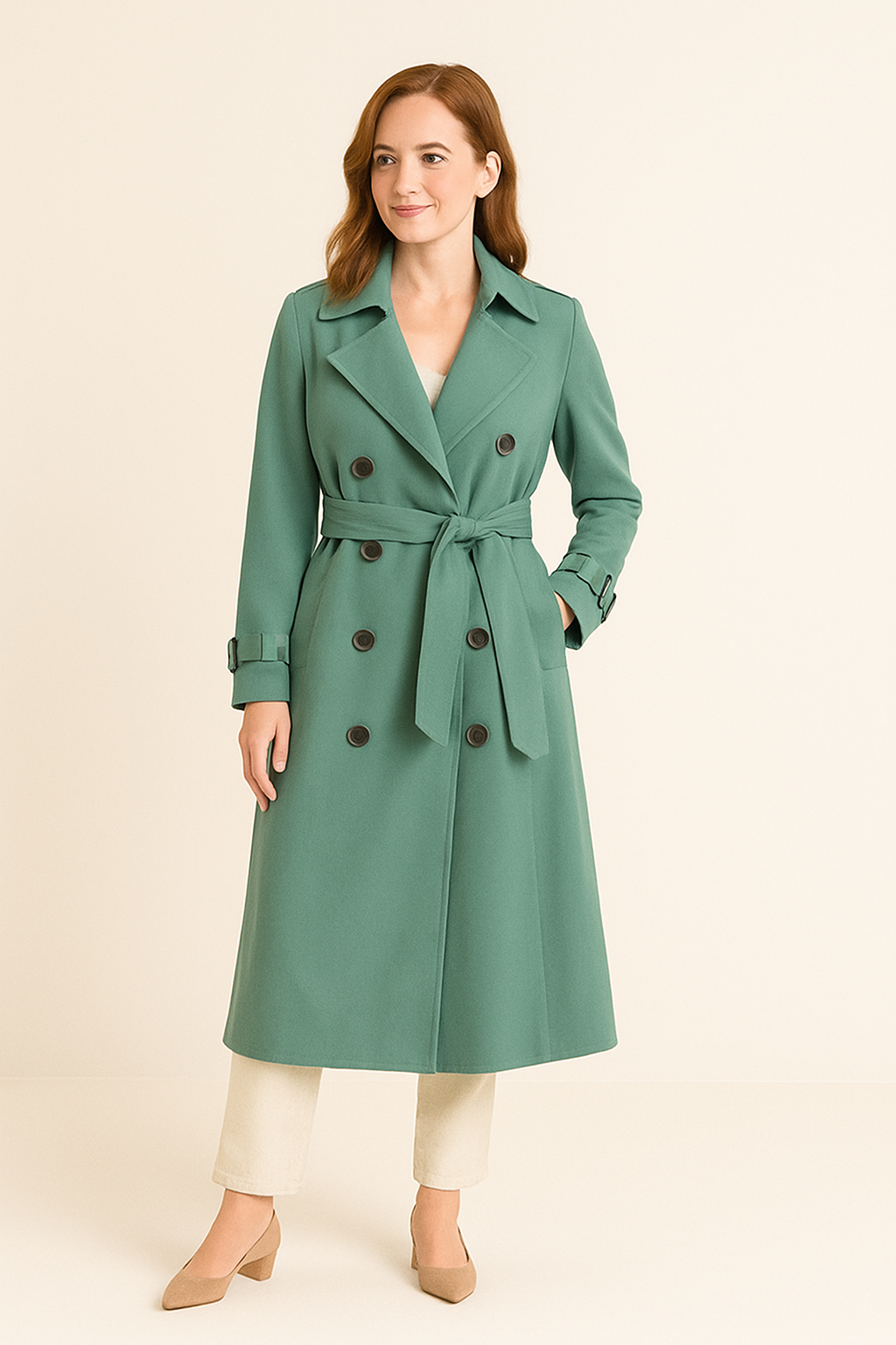 Damen Mantel Regular Fit Lang Doppelreihig Bindegürtel Elegant Übergang Frühling Herbst Struktur