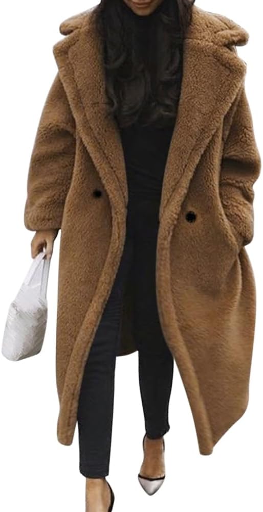 Damen Teddy Fleecejacke langer übergroßer Reverskragen, weicher, warmer, lockerer Schnitt
