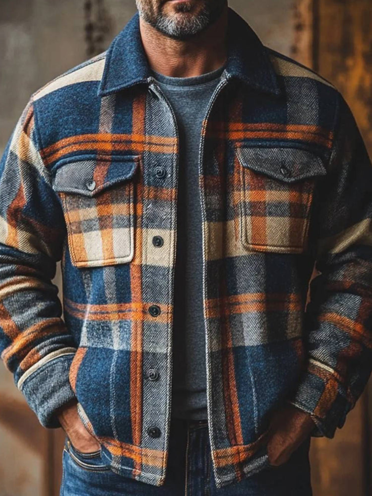 Herren Hemdjacke Polyester kariert verdickt Retro Reverskragen Langarm Regulär Herbst Winter