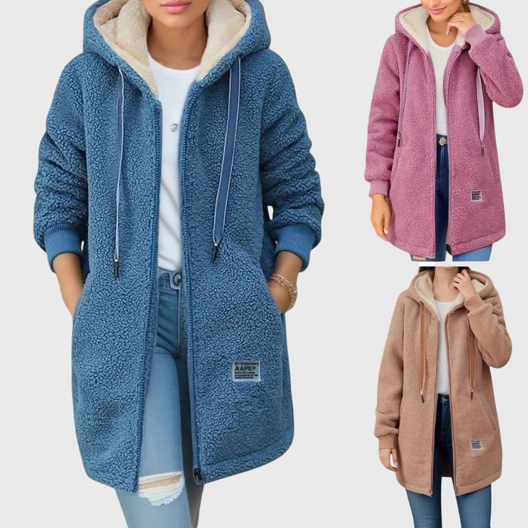 Damen Fleecejacke Regular Fit Kapuze Warm Atmungsaktiv Reißverschluss Freizeit Winterjacke
