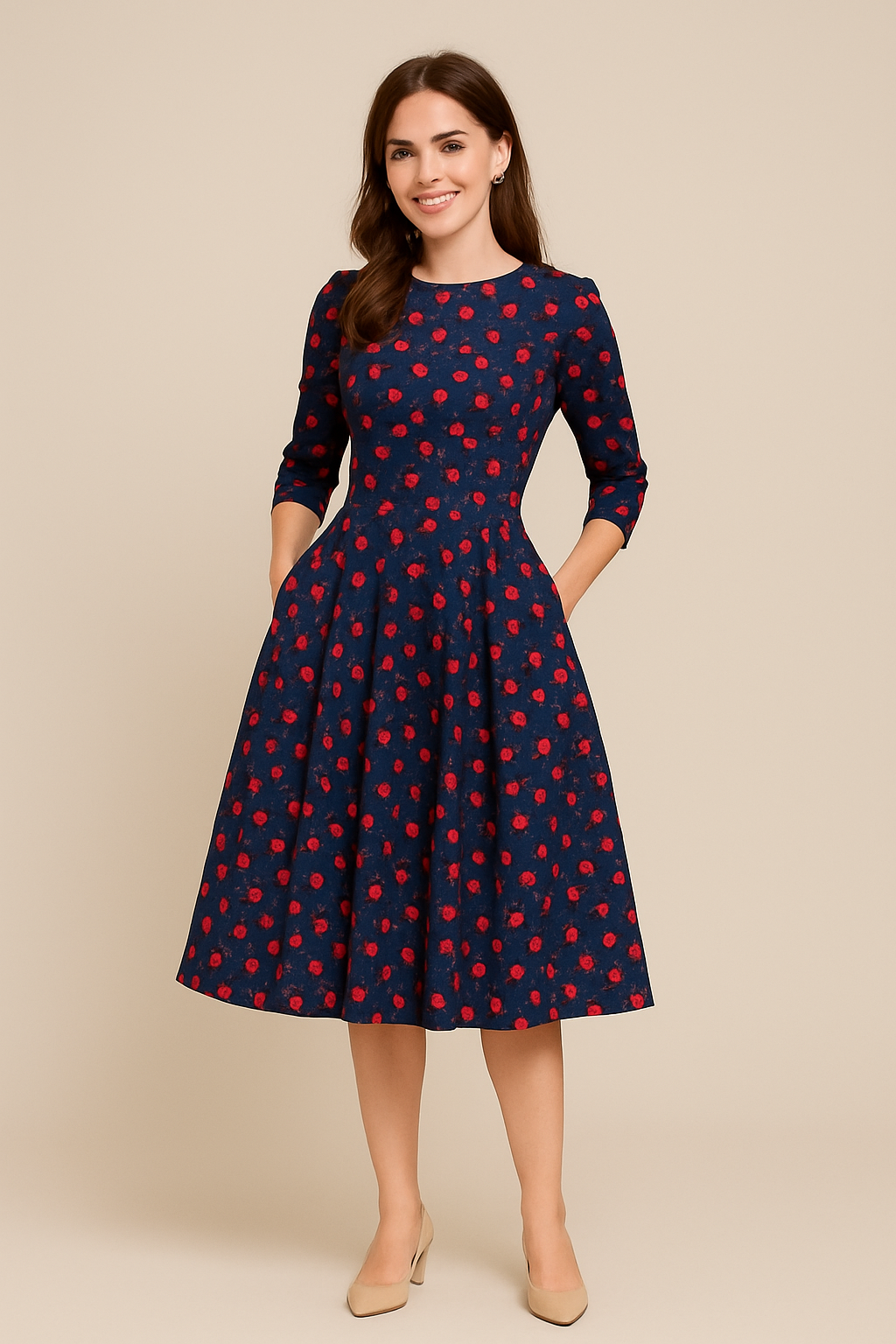 WILHELM | Damen Florales Sommerkleid mit A-Linie und 3/4-Ärmeln luftig & leicht