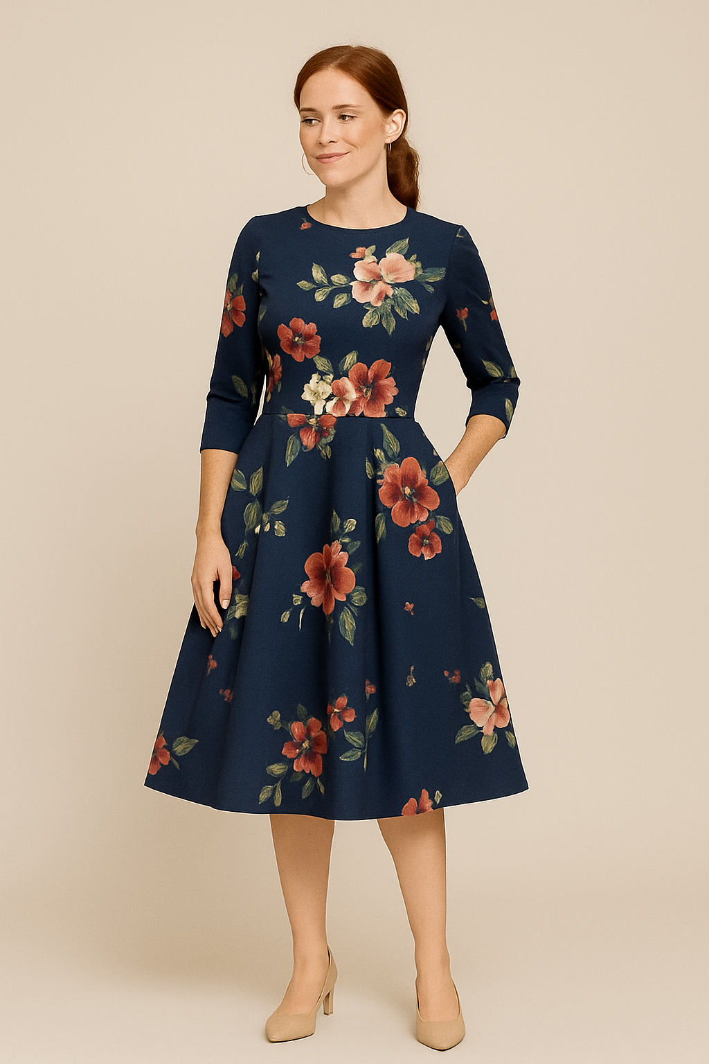 WILHELM | Damen Florales Sommerkleid mit A-Linie und 3/4-Ärmeln luftig & leicht