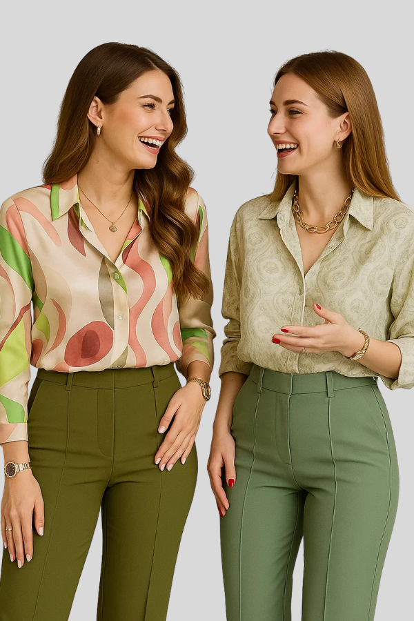 Damen Zweiteiler Regular Fit Hemd mit Knopfleiste und Hose mit hoher Taille Print Set 2-teilig