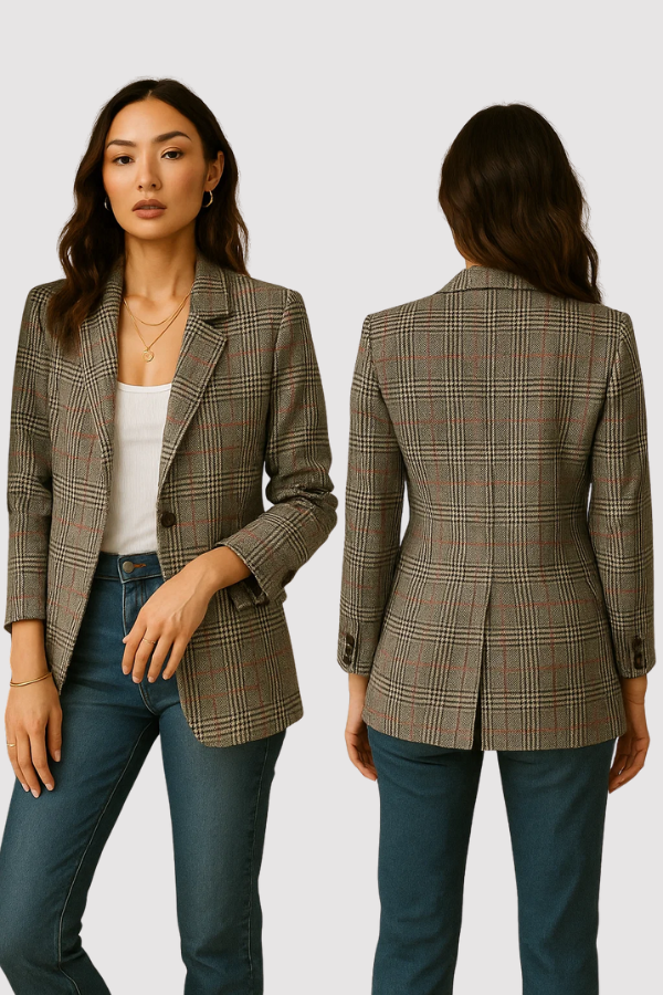Damen Blazer Kariert Lang Lockerer Schnitt Casual Elegant Leicht Übergang