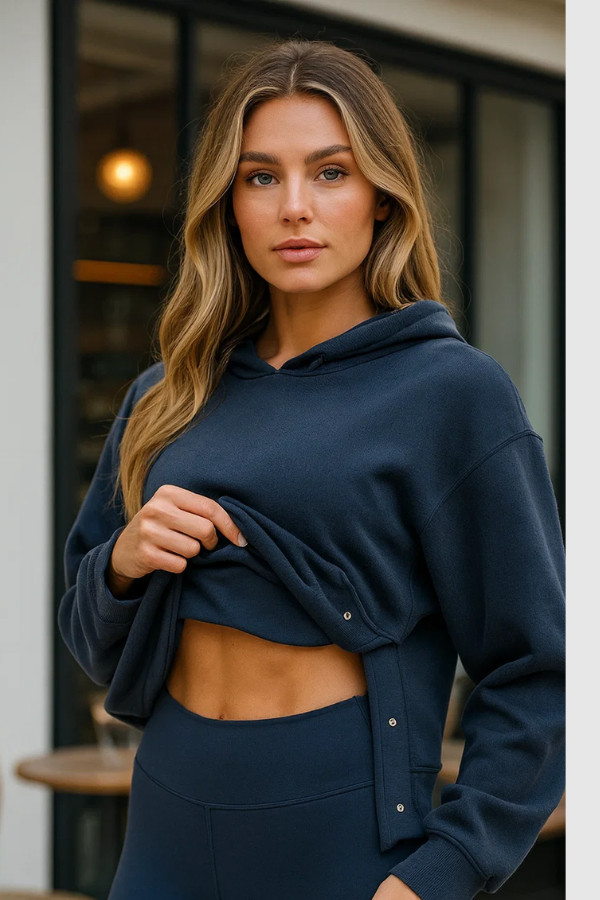 Damen Zweiteiler Regular Fit Hoodie mit Druckknopf-Saum Hose Elastischer Bund Freizeit Trainingsanzug Set 2-teilig