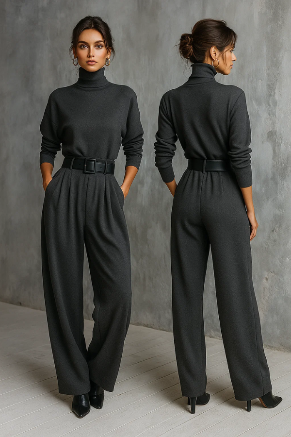 Damen Jumpsuit mit Gürtel, hohe Halsform, weites Bein, lockere Passform, elegant