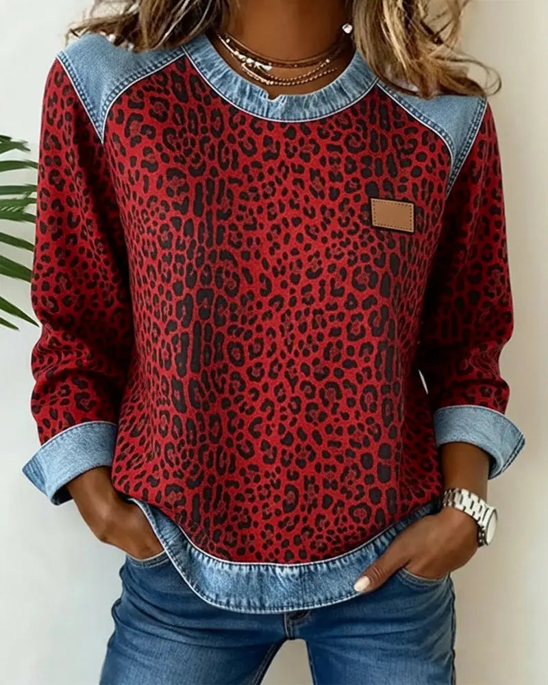 Damen Pullover Patchwork Leopardenmuster Reißverschluss Stehkragen normale Passform