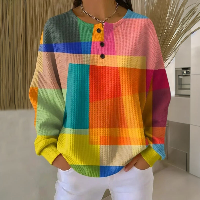 Damen Sweatshirt bedruckter Rundhals Langarm Knöpfe bequeme lässige Passform