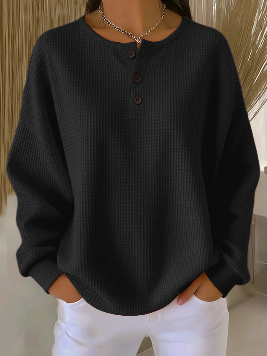Damen Pullover Waffelstrick Langarm lose warme bequeme Passform