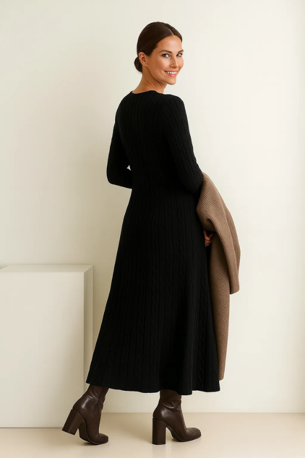 Damen Langkleid Strick figurbetont mit Rundhalsausschnitt langärmlig elastisch bequeme Passform elegant