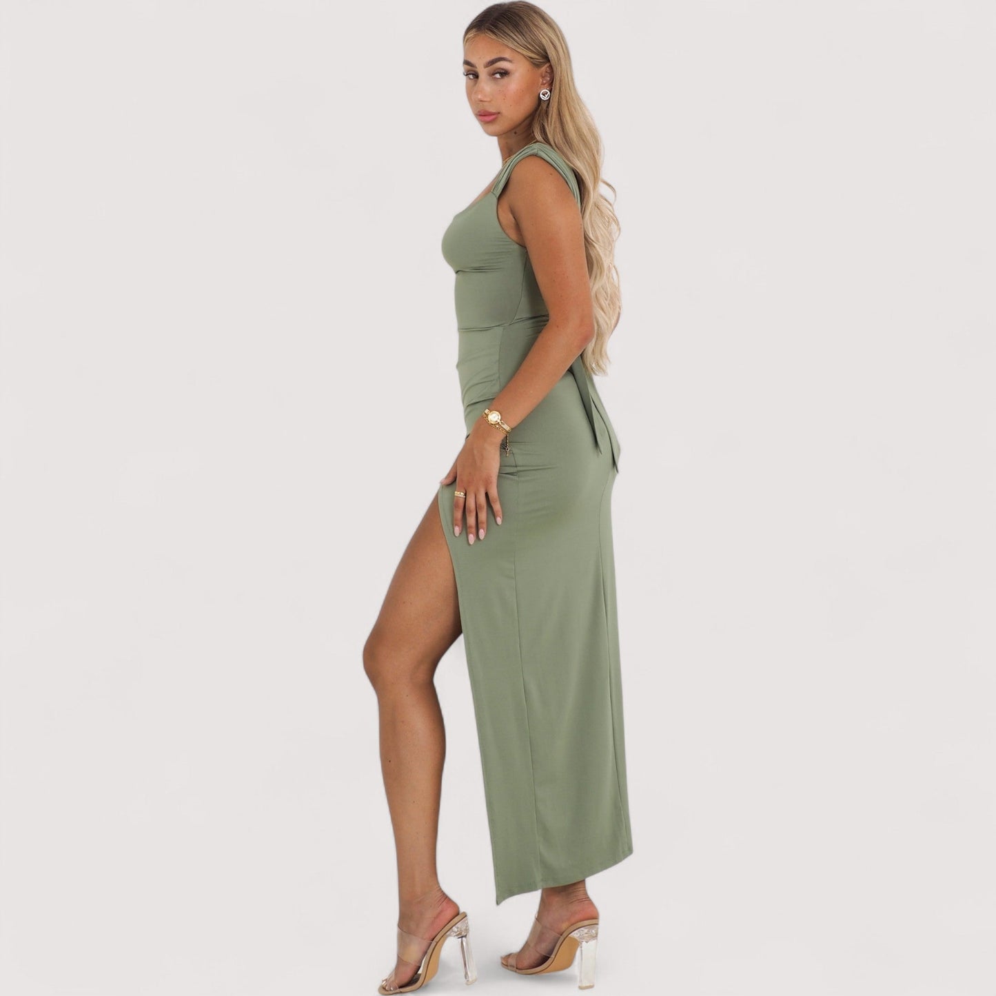 Damen Maxikleid Schlitz tailliert Schulterträger gerafft elegant sommerlich