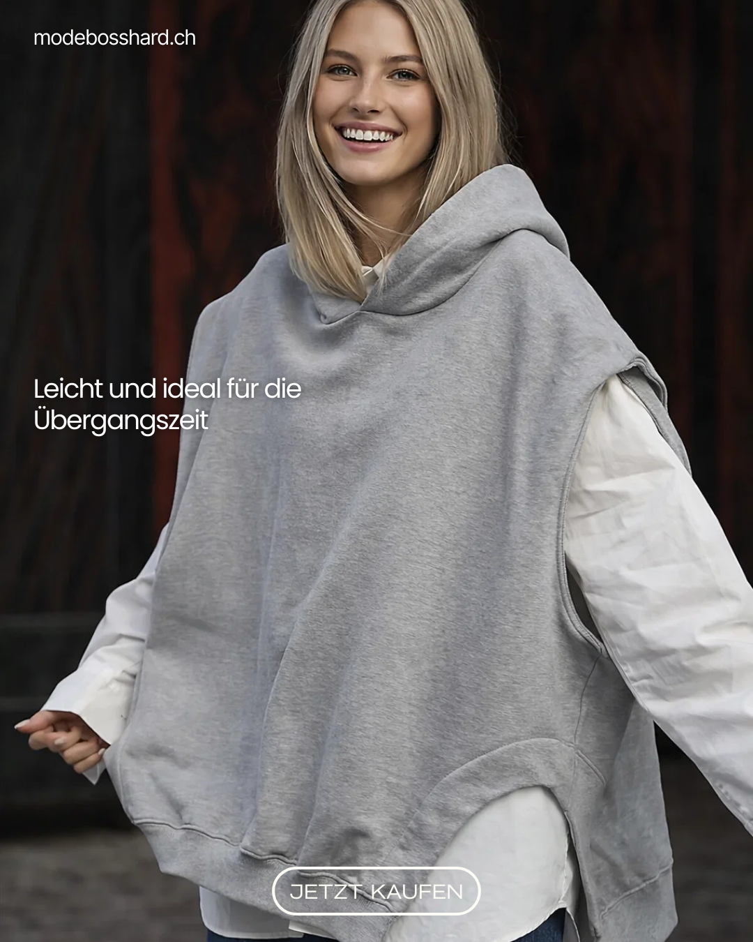 Unisex Hoodie grau Oversize mit Layering-Look, Seitenschlitze, leicht
