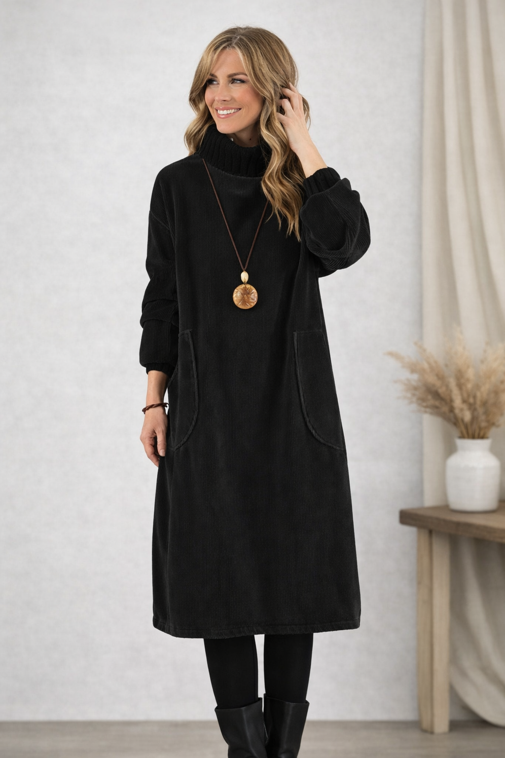 Damen Kleid Rollkragen midi, lange Ärmel, lockere Passform, Taschen