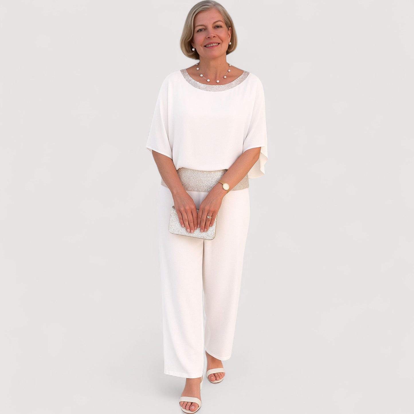 Damen Zweiteiler Set elegant Chiffon Top mit Fledermausärmeln und lange Hose locker geschnitten mit Pailletten Details