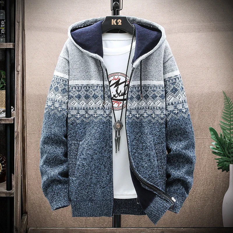 Herren Hoodie karierter Reißverschluss warmes Fleece mit Kapuze bequem
