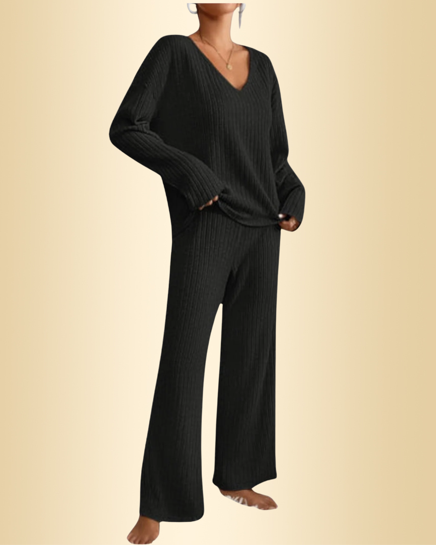 Damen Zweiteiler Regular Fit Geripptes Oberteil mit V-Ausschnitt Hose Elastischer Bund Casual Lounge Set 2-teilig