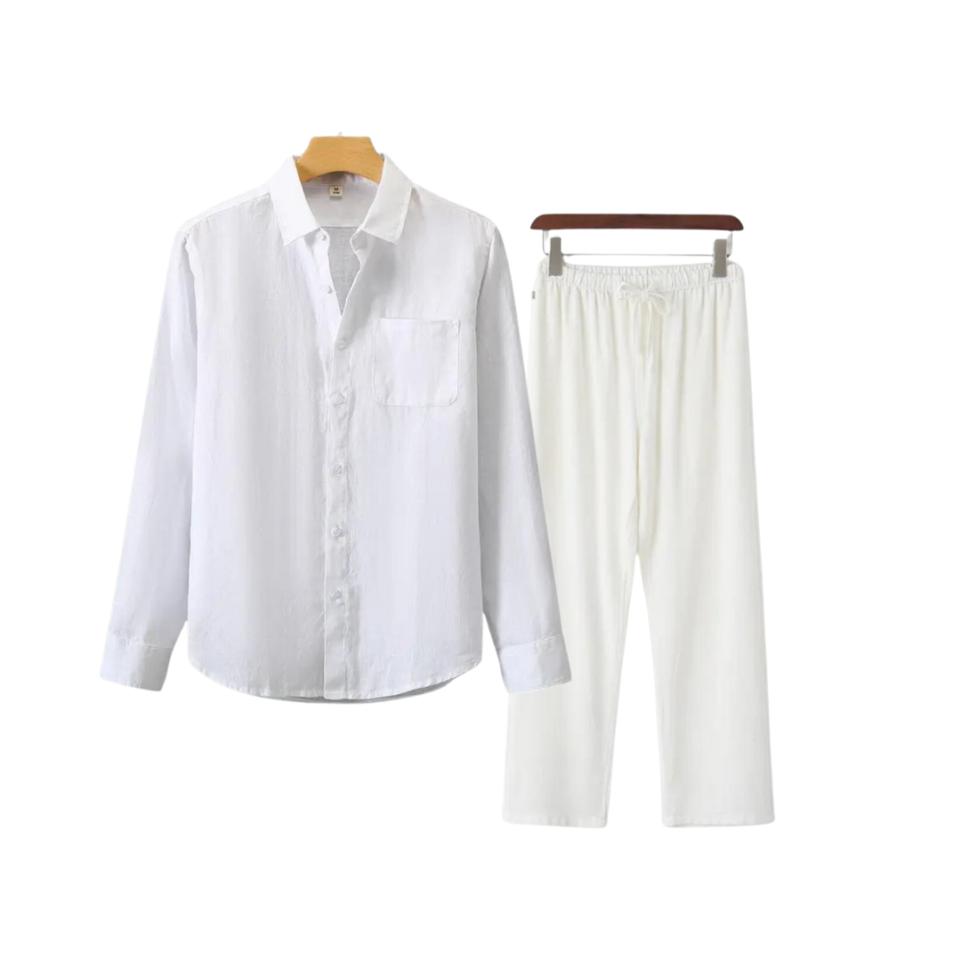 Herren Leinenhemd und Leinenhose Set Sommer Zweiteiler Freizeitanzug aus Leinen