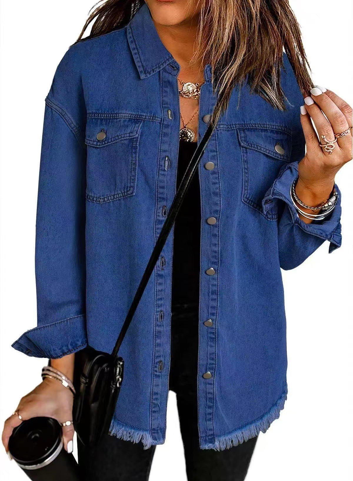 Damen Jeansjacke Braun Langarm Regular Fit Druckknopf Kragen Taschen Freizeit Übergang