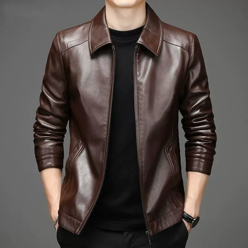 Herren Lederjacke einfarbig Klassisch Regular Fit Langarm Reißverschluss Freizeit Übergangsjacke