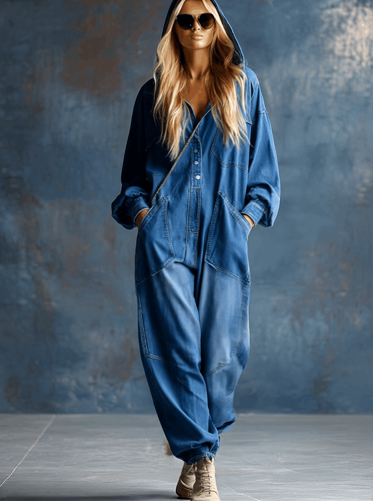 Damen Jumpsuit Denim blau, Kapuze, Reißverschluss, weites Bein, lockere Passform