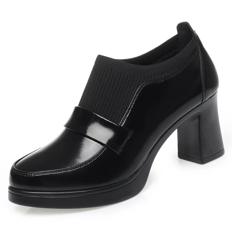 Damen Loafer Pumps Schwarz mit Plateausohle elastischem Einstieg und Blockabsatz